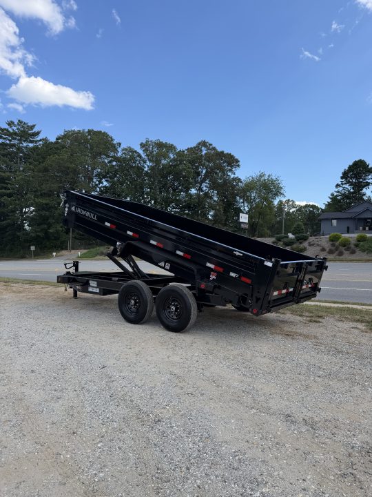 New 2027 Iron Bull Dump Trailer / DTB Series / 83" Wide x 16' Long / Scissor Hoist / Ramp / Tarp / 24" High Sides / Black in color