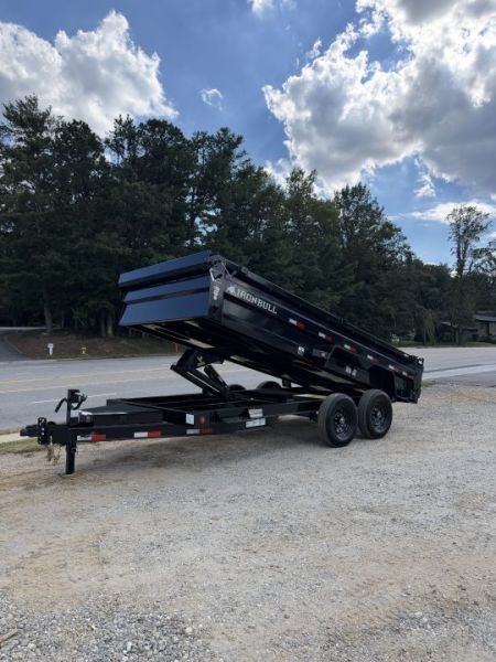 New 2027 Iron Bull Dump Trailer / DTB Series / 83" Wide x 16' Long / Scissor Hoist / Ramp / Tarp / 24" High Sides / Black in color