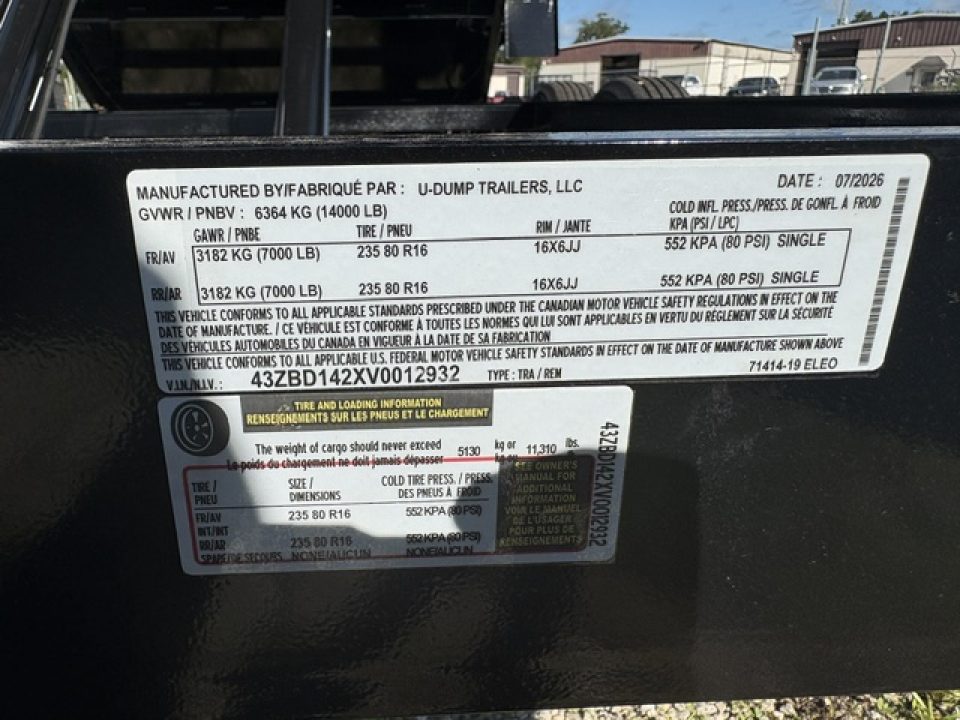 New 2027 7X14 U-Dump Trailer