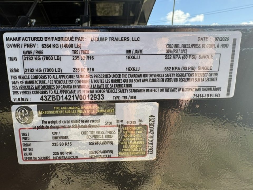 New 2027 7X14 U-Dump Trailer