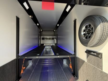 New In-Tech Lite 8.5x32 Stacker Race Trailer-21K - White W/ L Base Cabinet, Air-Line Track, Tool Drawers, & Fold Up Table