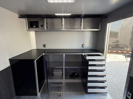 New In-Tech Lite 8.5x32 Stacker Race Trailer-21K - White W/ L Base Cabinet, Air-Line Track, Tool Drawers, & Fold Up Table