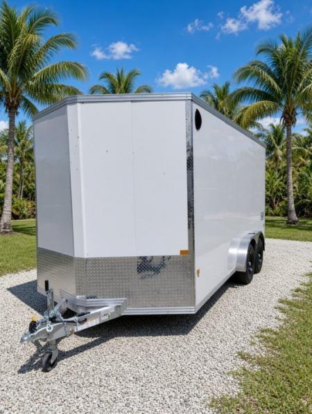 New 2026 7.5x16 White Aluminum Enclosed Trailer | 7K GVWR | Rear Canopy & Ramp Cargo / Enclosed Traile