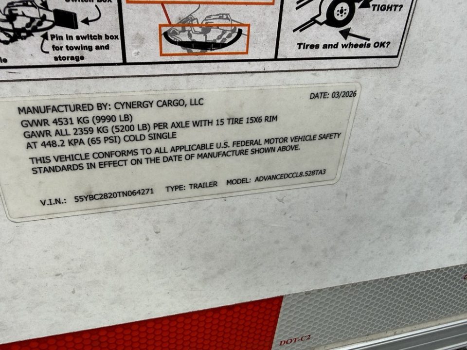 Used 2026 Cynergy Cargo 8.5x28 Enclosed Cargo Trailer | Tandem Axle | 9,990 GVWR Cargo / Enclosed Trailer