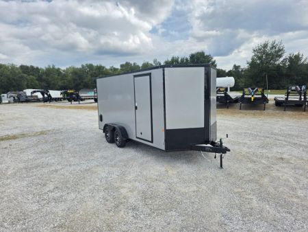 New 2027 Rock Solid Cargo W/ RAMP DOOR/ .08 SEMI SCREWLESS/ BLACKOUT PKG/ 7X16 7' Tall / REAR SPOILER/