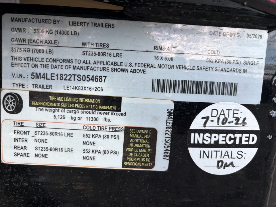 New 2026 Liberty 83X16 Equipment Trailer