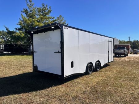 New 2027 8.5x24 Racing Trailer Finished Interior- 5200 Tandem Axle-White-Blackout Car / Racing Trailer