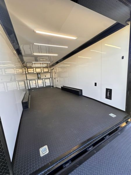 New 2027 8.5x24 Racing Trailer Finished Interior- 5200 Tandem Axle-White-Blackout Car / Racing Trailer