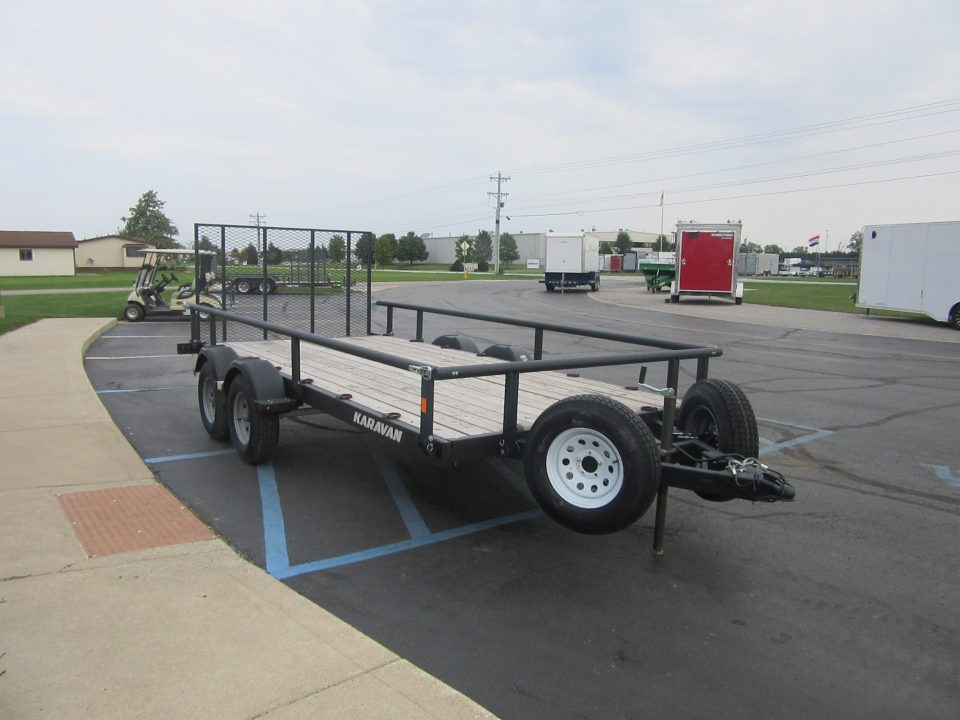 Used 2025 Karavan 7 x 16 (14+2) KHTU-7400-82-15 Utility Trailer 7K / 2x Spare Tires / Fold Down Sides / 17 D-Rings