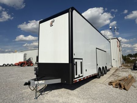 New In-Tech Lite 8.5x32 Stacker Race Trailer-21K - White W/ Black Trim- RS Cabinet , Air-Line Track, Tool Drawers, Winch, WW Cabinet, & Fold Up Table