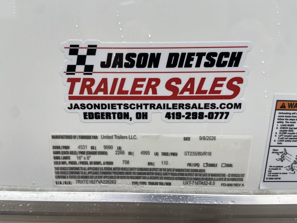 New United Trailers UXT-716 Cargo Enclosed Trailer