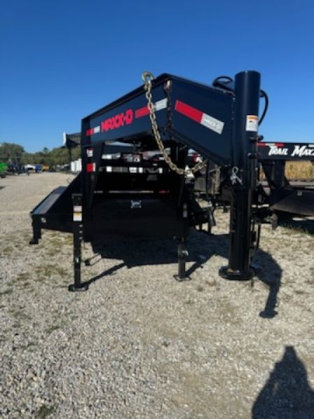 Used USED 2027 MAXX-D LKX10225 Low-Pro Flatbed Trailer 102X25 TA DUAL GOOSENECK DOVETAIL W/ MAXX-D-OUT RAMPS (GVW:25000) WET BLACK