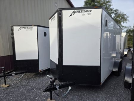 New 7 x 16 Homesteader Intrepid V-Nose Cargo 7k GVWR **White w/ BlackOut Pkg, 6  Extra Height & Ramp Door Package, Rear Spoiler w/ Lights