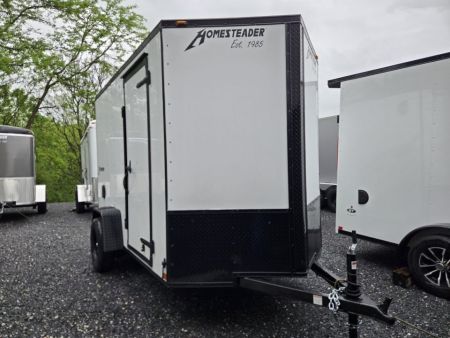 New 6 x 12 Homesteader Intrepid V-Nose Cargo Trailer, 3k *White w/ Black Out Pkg, Rear Spoiler w/ Lights, Ramp Door Pkg & 6  Extra Height