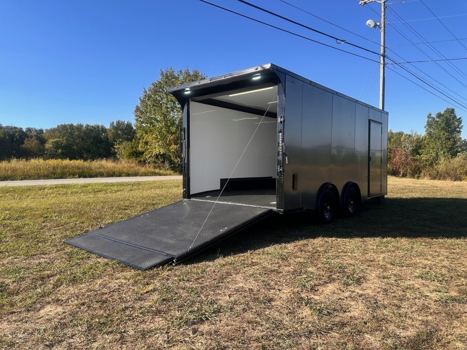 New 2027 8.5X18 Race Trailer - Finished Interior-5200LB Torsion Axle-Charcoal Poly-Blackout