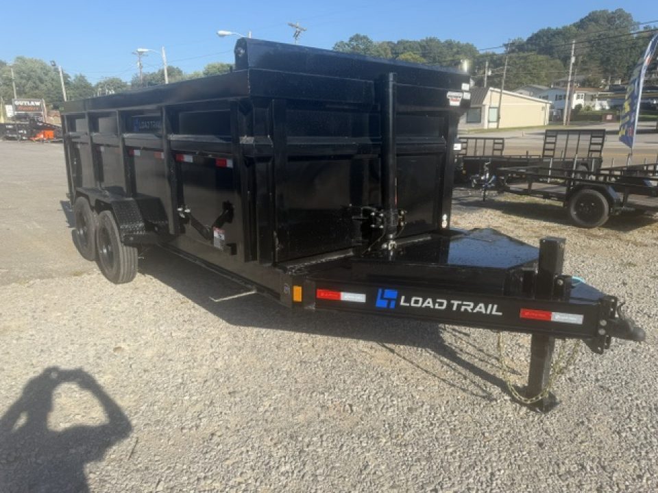 New Load Trail Dump 7x16 16K 4' BP- Black Telescopic W/ Hyd Jack, 7 gauge floor, and 12" OC