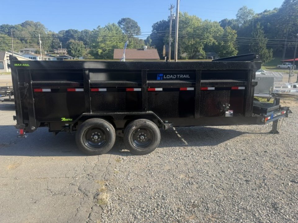New Load Trail Dump 7x16 16K 4' BP- Black Telescopic W/ Hyd Jack, 7 gauge floor, and 12" OC