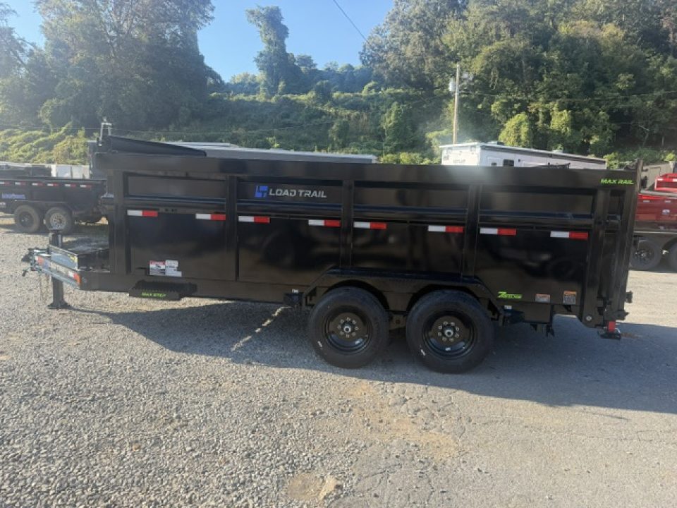 New Load Trail Dump 7x16 16K 4' BP- Black Telescopic W/ Hyd Jack, 7 gauge floor, and 12" OC