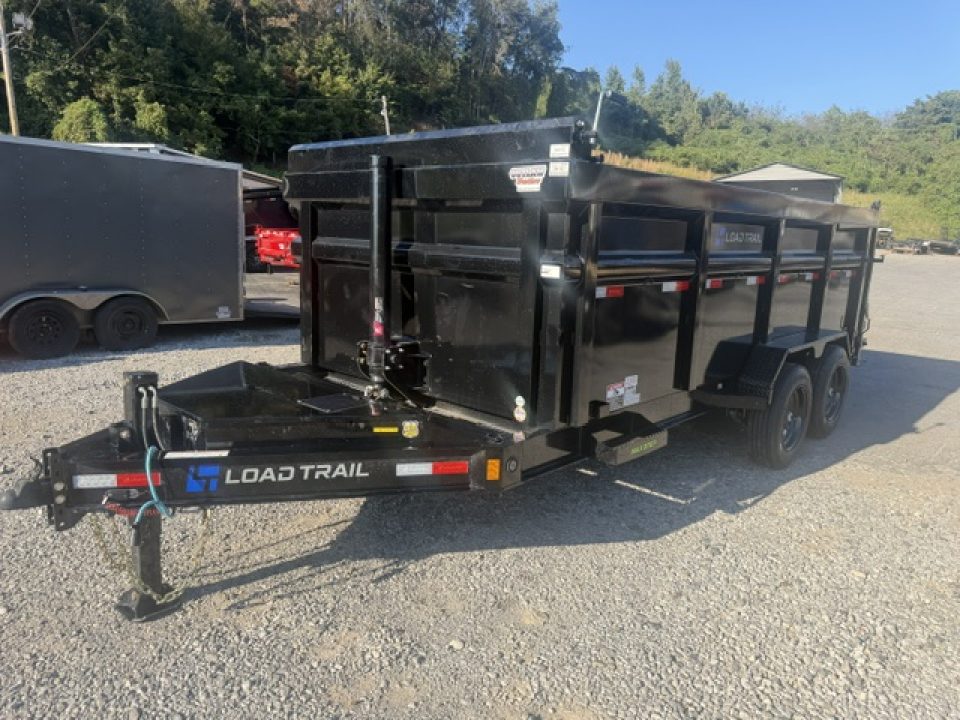 New Load Trail Dump 7x16 16K 4' BP- Black Telescopic W/ Hyd Jack, 7 gauge floor, and 12" OC