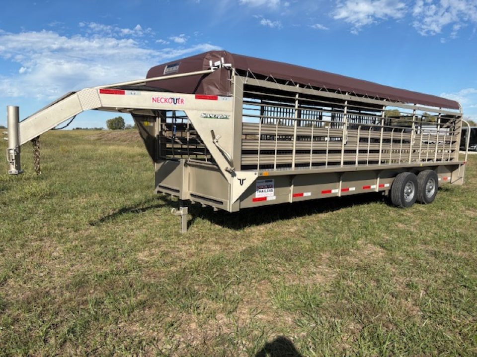 New 2026 Neckover 6'8x24x6'6 Tandem 14K GN Livestock Trailer W/ Tarp Top, Butterfly Gates, & Rubber Floor