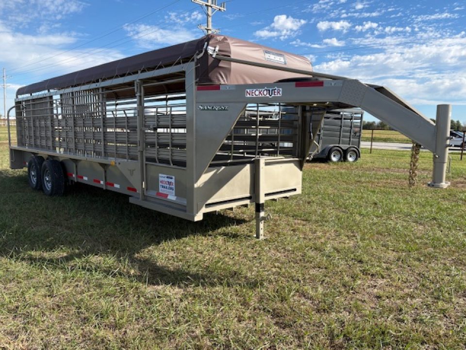 New 2026 Neckover 6'8x24x6'6 Tandem 14K GN Livestock Trailer W/ Tarp Top, Butterfly Gates, & Rubber Floor