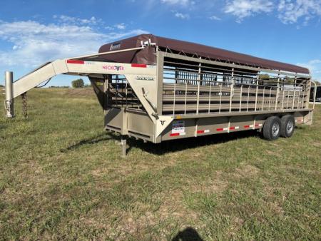 New 2026 Neckover 6'8x24x6'6 Tandem 14K GN Livestock Trailer W/ Tarp Top, Butterfly Gates, & Rubber Floor