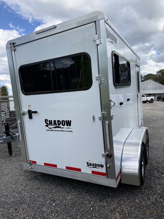 New 2027 Shadow 2 Horse Bumperpull Slant Trailer with Drop Down Windows White Horse Trailer