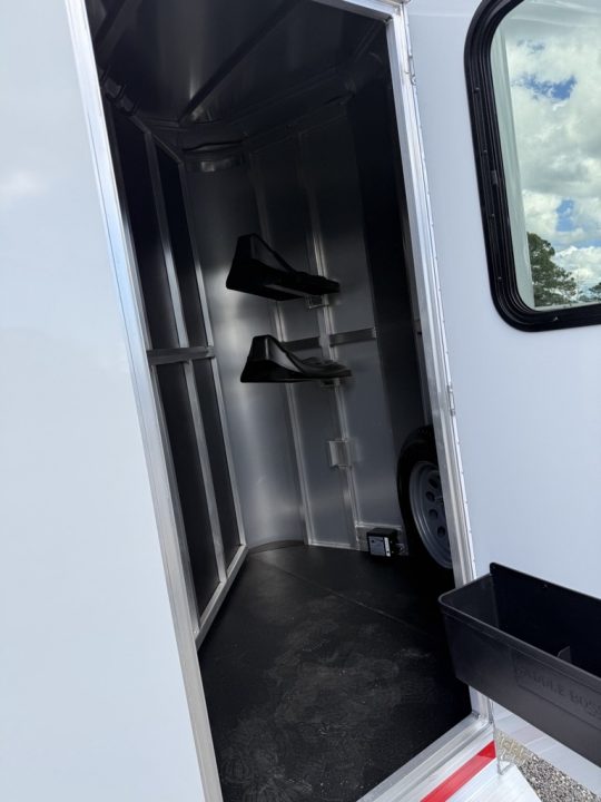New 2027 Shadow 2 Horse Bumperpull Slant Trailer with Drop Down Windows White Horse Trailer