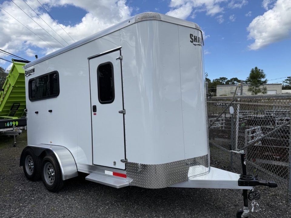 New 2027 Shadow 2 Horse Bumperpull Slant Trailer with Drop Down Windows White Horse Trailer