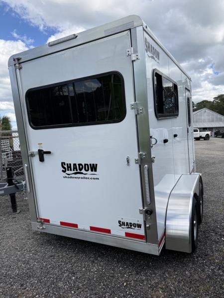 New 2027 Shadow 2 Horse Bumperpull Slant Trailer with Drop Down Windows White Horse Trailer