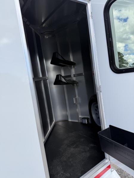 New 2027 Shadow 2 Horse Bumperpull Slant Trailer with Drop Down Windows White Horse Trailer