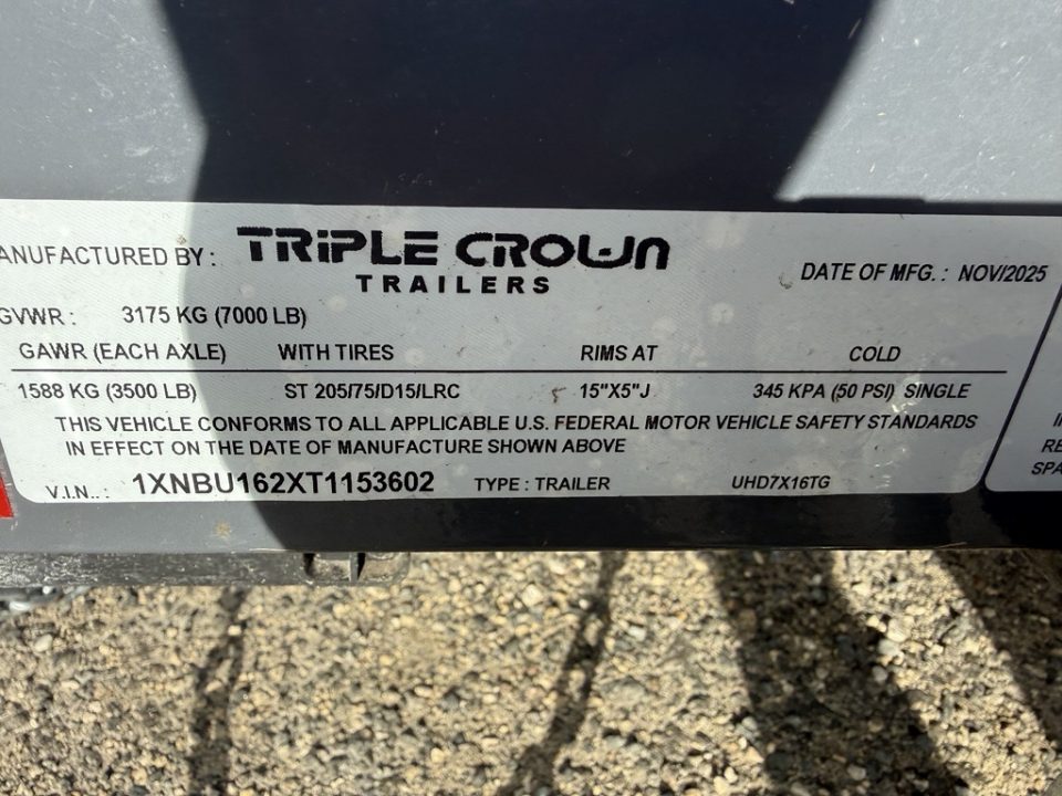 Used 2026 Triple Crown Trailers 7x16 Tandem Axle Utility Trailer – Gray, 7,000 lb Capacity Utility Trailer