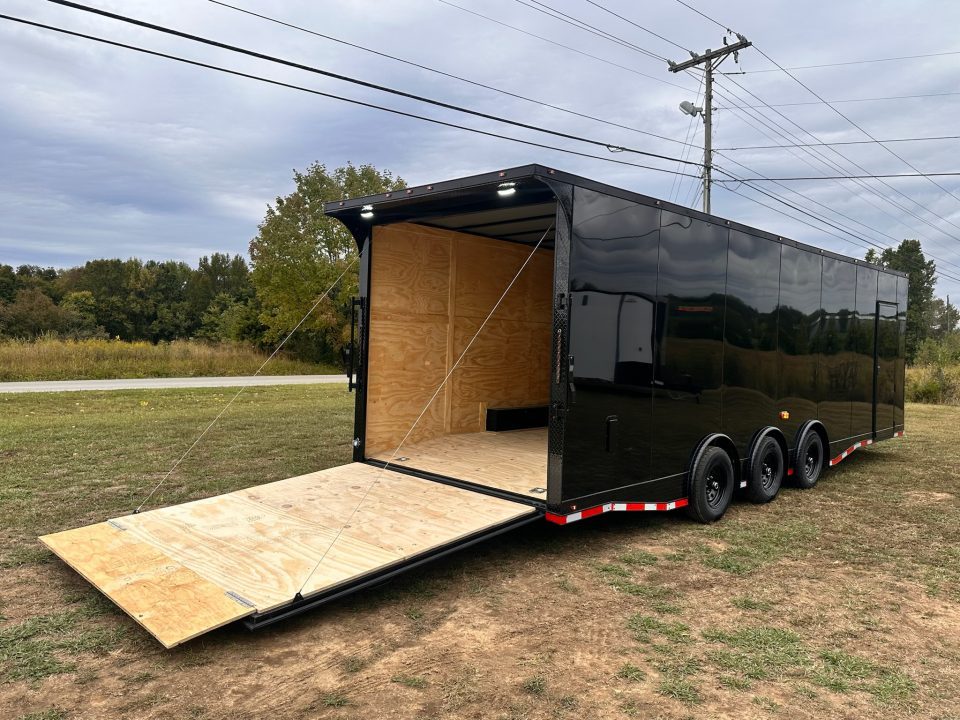 New 2027 8.5x28 Car Hauler 7'6" Interior - 5200lb Triple Spread Torsion - Black poly-blackout- Enclosed Car Hauler