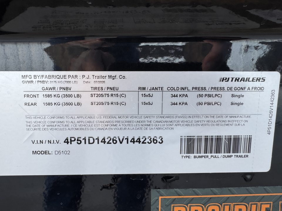New 2027 PJ Trailers D5102 7k Dump Trailer