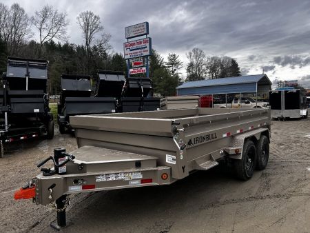 New 2025 Iron Bull Dump Trailer / DWB Series / 83" Wide x 14' Long / 2-7,000# Electric Brake Axles / Tarp / Ramps / Combo Rear Gate / Tan Powder Coat