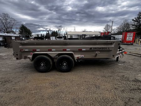 New 2025 Iron Bull Dump Trailer / DWB Series / 83" Wide x 14' Long / 2-7,000# Electric Brake Axles / Tarp / Ramps / Combo Rear Gate / Tan Powder Coat