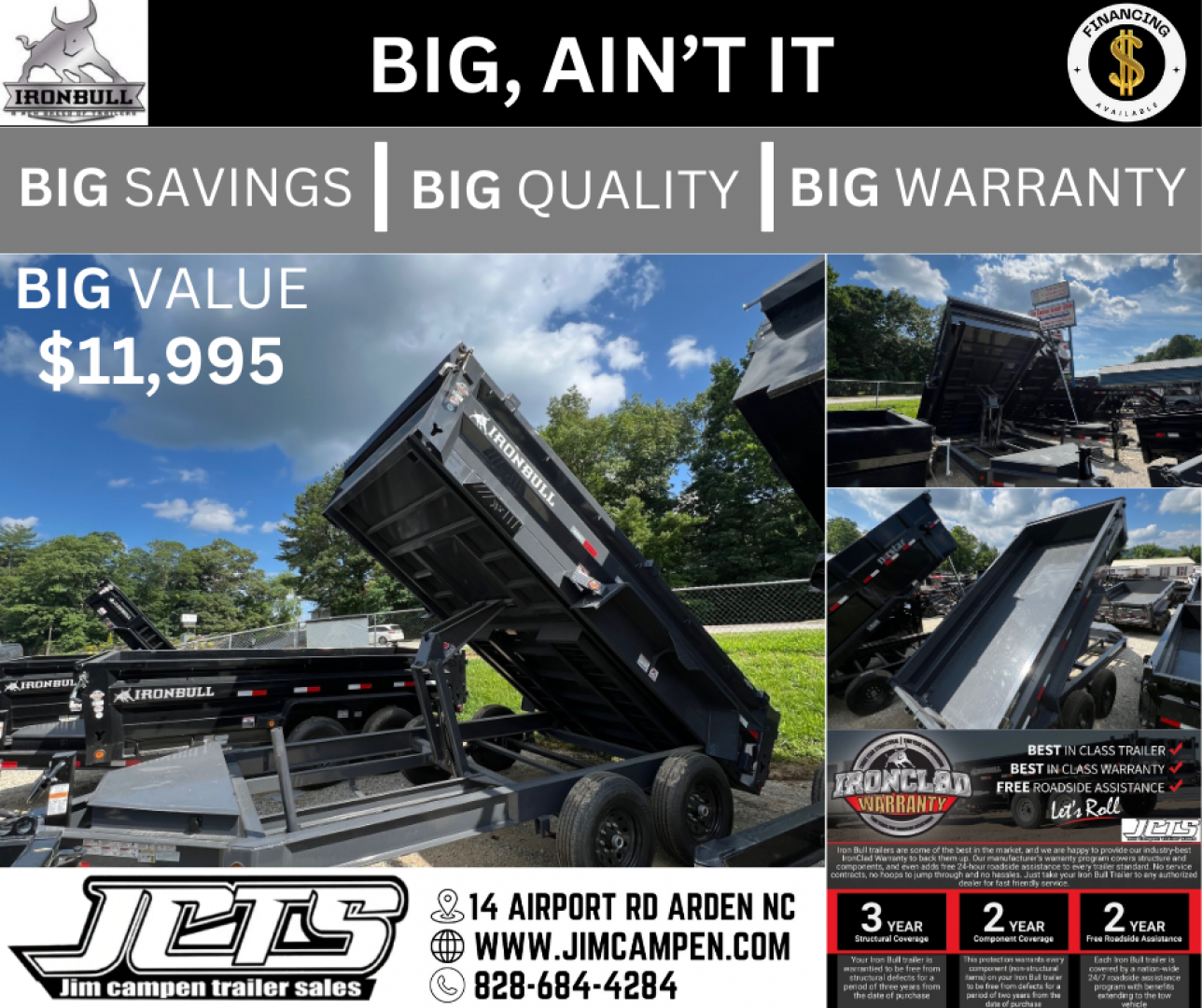 New 2024 Iron Bull Dump Trailer / DWB Series / 83" Wide x 14' Long / 2-7,000# Electric Brake Axles / Tarp / Ramps / Combo Rear Gate / Gray Powder Coat