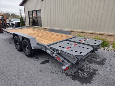 New 7 x 20 BWISE EF20-14-HD Equipment Trailer, 15.4K GVWR ***Hammertone Gray w/ I-Beam Frame, Full-Width Ramps, Winch Mount, 3' Self-Cleaning Dovetail