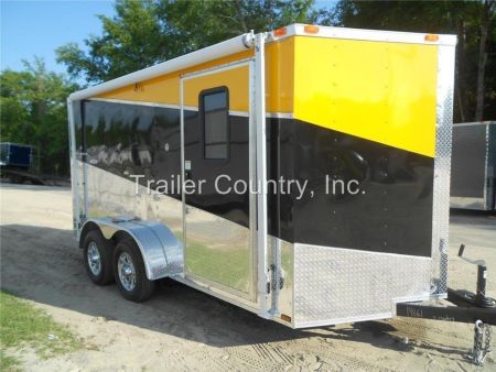 New 2026 7 x 14 V-Nosed Enclosed Cargo Triple Color Motorcycle Trailer Ramp