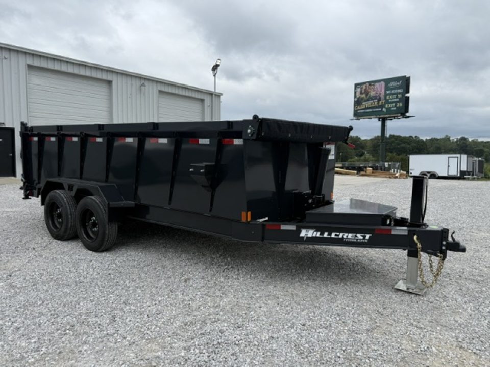 New Hillcrest Dump 7x16 17.6k 40" Sides BP W/ HD Tube Ramps & Hydraulic Jack