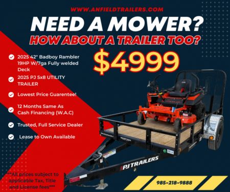 New 2025 Bad Boy MOWER PACKAGE  42  RAMBLER(BRIGGS) & 5 X 8 SA PJ UTILITY  Trailer