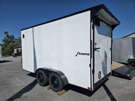 New 7 x 14 Homesteader Intrepid V-Nose Cargo 7k GVWR **White w/ BlackOut Pkg, 6" Extra Height & Ramp Door Package, Rear Spoiler w/ Lights