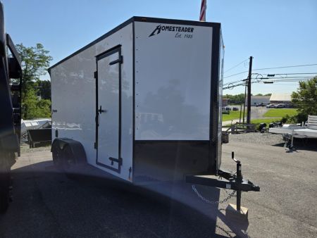 New 7 x 14 Homesteader Intrepid V-Nose Cargo 7k GVWR **White w/ BlackOut Pkg, 6" Extra Height & Ramp Door Package, Rear Spoiler w/ Lights