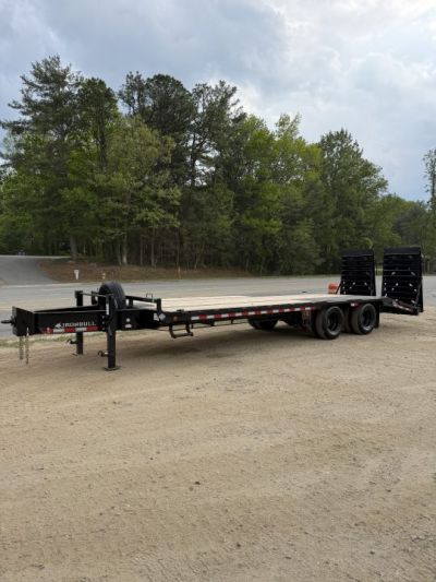 New 2026 Iron Bull FLP Series 102"x25' / 2-10,000# Electric Brake Axles / 16" Dual Wheels / 5' Rampage Ramps / Deckover Trailer / Dual 12k set back jacks