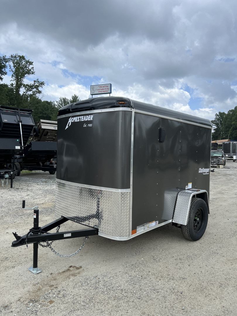 New 2026 Homesteader Trailer / Challenger Series / 5x8 / 5'7" Interior Height / Single Swing Rear Door / 32" Side Door / 24" Stoneguard / .030 Charcoal Gray Aluminum