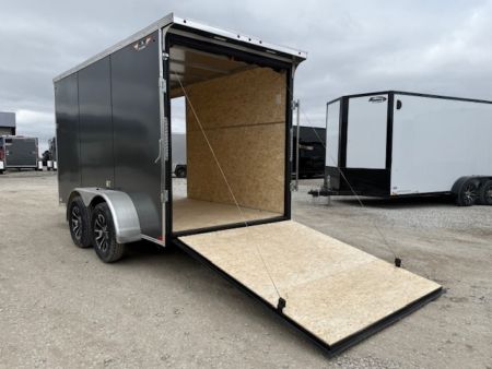 New 2026 H&H Charcoal 6'x12' 7k Flat Top V-Nose Enclosed Cargo Trailer