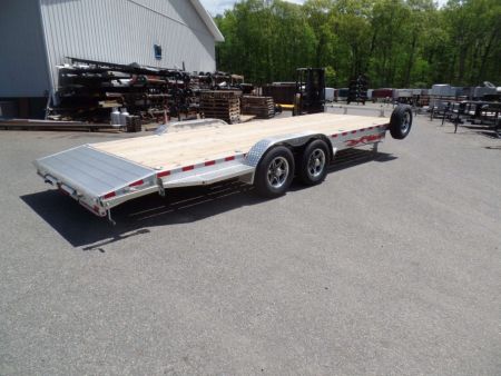 New EXAMPLE / WOLVERINE BRAND, 22 ft. long deck open car trailer, 82 wide deck, 9,990 lb. GVWR. ALUMINUM FRAME, Wood Deck. Our ID# 056786