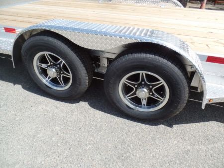 New EXAMPLE / WOLVERINE BRAND, 22 ft. long deck open car trailer, 82 wide deck, 9,990 lb. GVWR. ALUMINUM FRAME, Wood Deck. Our ID# 056786
