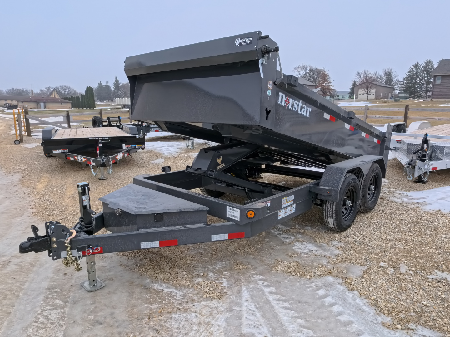 New 2026 Norstar 72x12 DCB Dump Trailer, 9,900lb GVWR, Scissor Lift, Slide-In Ramps, and Tarp Kit