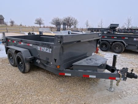 New 2026 Norstar 72x12 DCB Dump Trailer, 9,900lb GVWR, Scissor Lift, Slide-In Ramps, and Tarp Kit